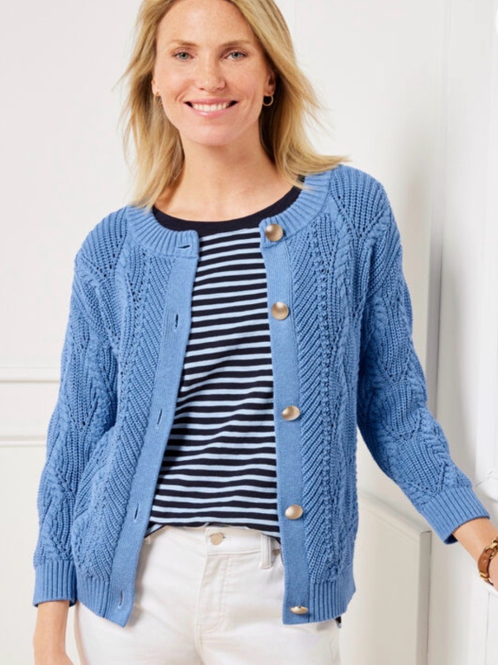 Talbots Blue Cable Knit Button Cardigan Crewneck Sweater, Size Medium